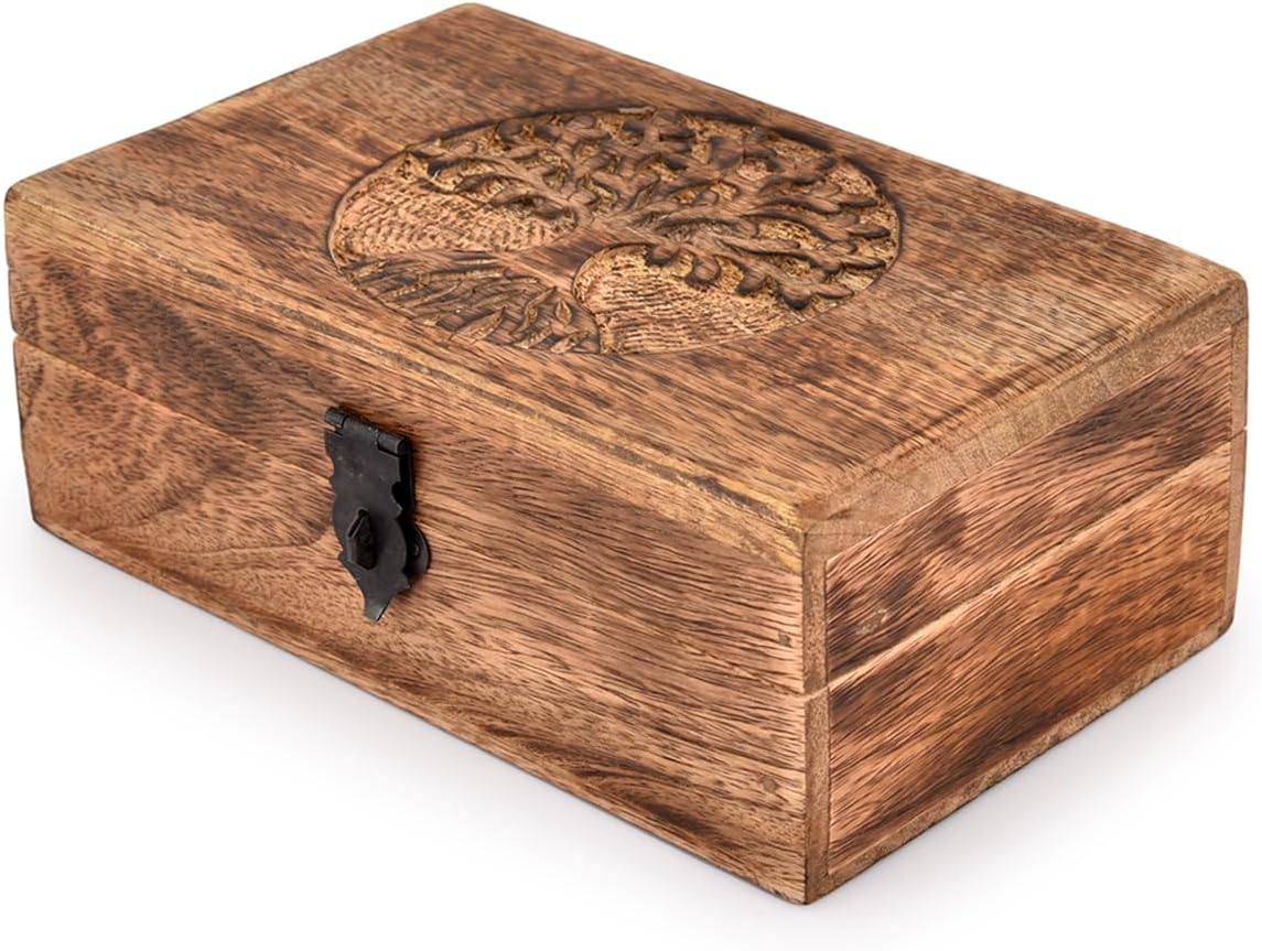 Handmade Wooden Box – Carved Tree of Life Jewelry & Keepsake Storage Chest