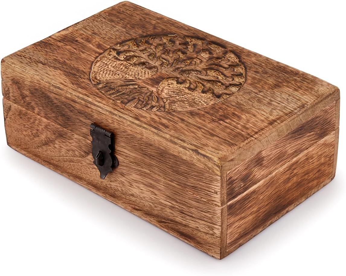 Handmade Wooden Box – Carved Tree of Life Jewelry & Keepsake Storage Chest