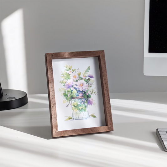 Rustic Wooden Photo Frame with Watercolor Flower Art – Tabletop & Wall Décor