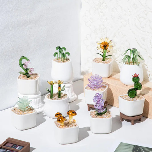 Mini Glass Plant Decor – Handmade Crystal Potted Succulents & Flowers for Home & Office
